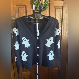 Women’s Ghost Graphic Cardigan Long Sleeve Black With White Ghost Buttons Large